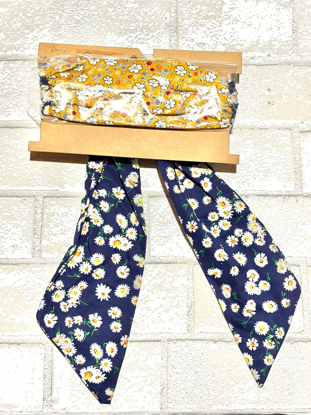 Berry Navy Blue Floral Daisy Hair Bow Matching Yellow Floral Face Mask NEW